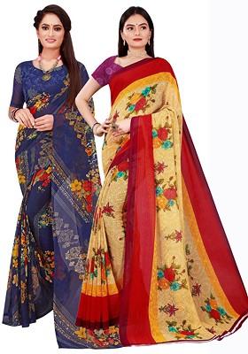 Beige Geometric Print Georgette Saree Set (Set Of 2)