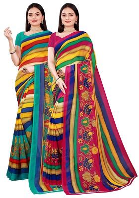 Green Embroidered Georgette Saree Set (Set Of 2)