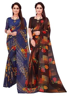 Brown Floral Georgette Saree Set (Set Of 2)