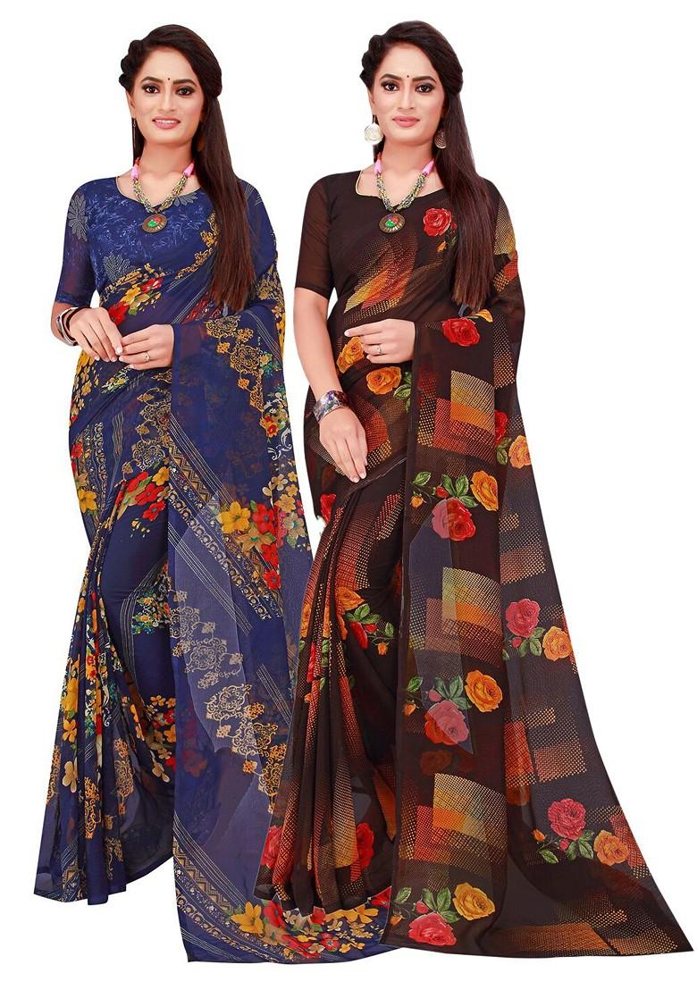 Brown Floral Georgette Saree Set (Set Of 2)