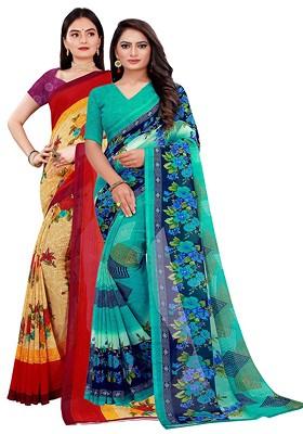 Green Printed Georgette Saree Set (Set Of 2)