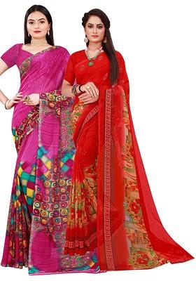 Magenta Printed Georgette Saree Set (Set Of 2)