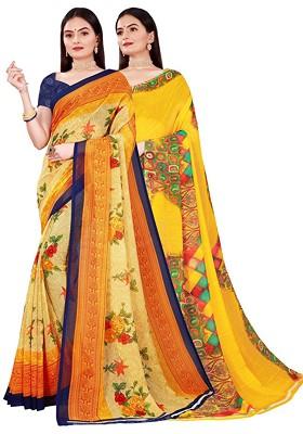 Yellow Printed Georgette Saree Set (Set Of 2)