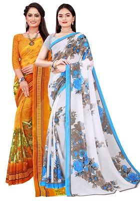 White Floral Georgette Saree Set (Set Of 2)