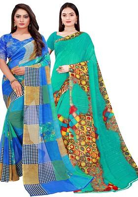 Teal Green Printed Georgette Saree Set