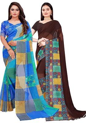 Brown Embroidered Georgette Saree Set (Set Of 2)