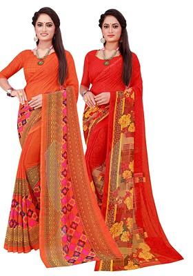 Orange Floral Georgette Saree Set (Set Of 2)
