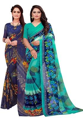 Turquoise Blue Embroidered Georgette Saree Set (Set Of 2)