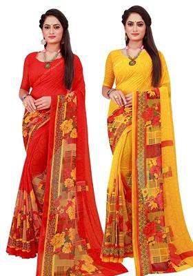 Red Printed Georgette Saree Set