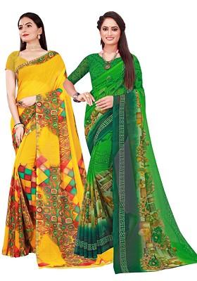 Green Printed Georgette Saree Set (Set Of 2)