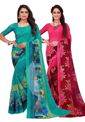 Turquoise Blue Embroidered Georgette Saree Set (Set Of 2)