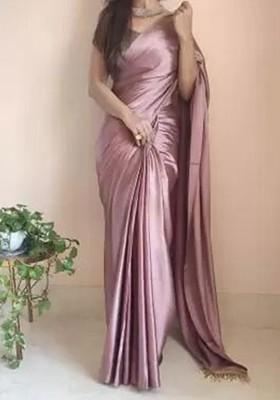 Pink Embroidered Satin Saree Set