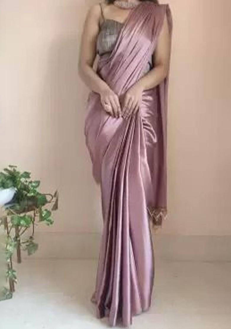 Pink Embroidered Satin Saree Set