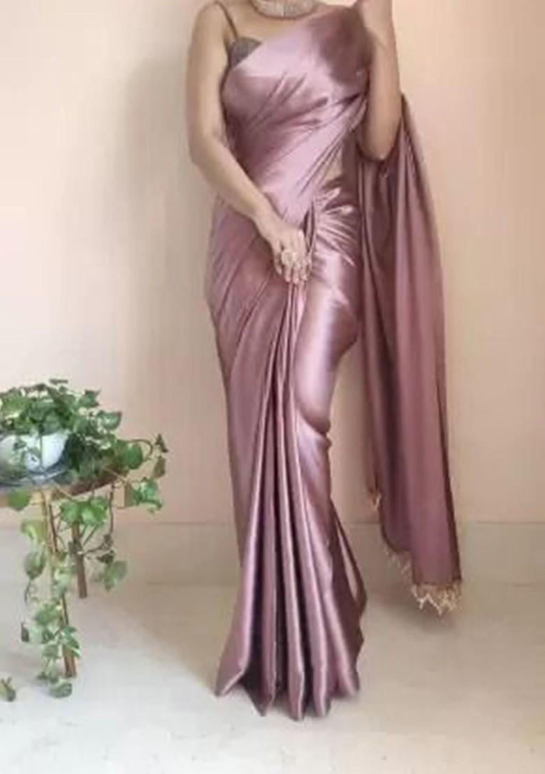 Pink Embroidered Satin Saree Set