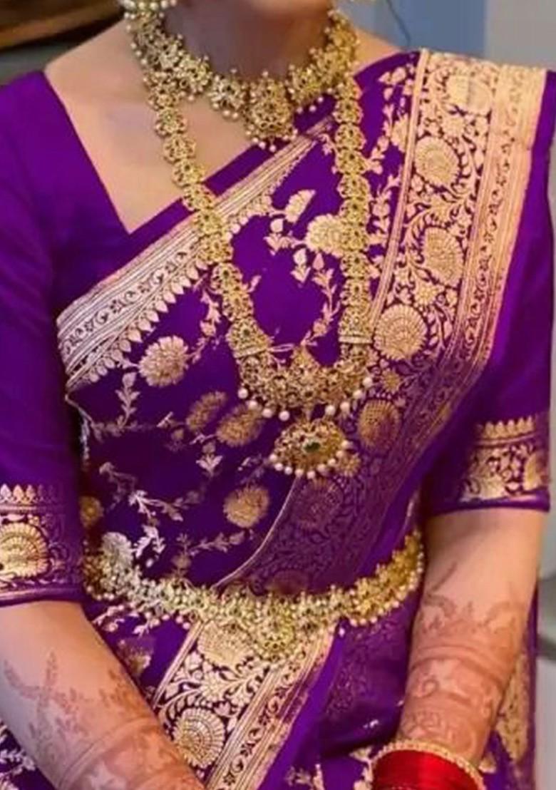 Purple woven Silk Saree Set