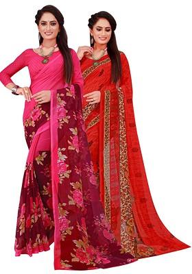 Magenta Floral Georgette Saree Set (Set Of 2)