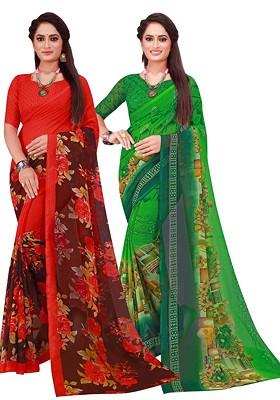 Green Floral Georgette Saree Set (Set Of 2)