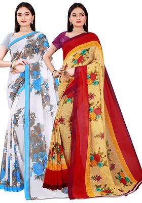 White Printed Georgette Saree Set (Set Of 2)