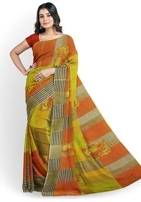 Yellow Printed Georgette Saree Set