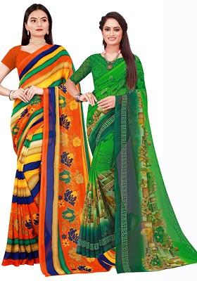 Green Printed Georgette Saree Set (Set Of 2)