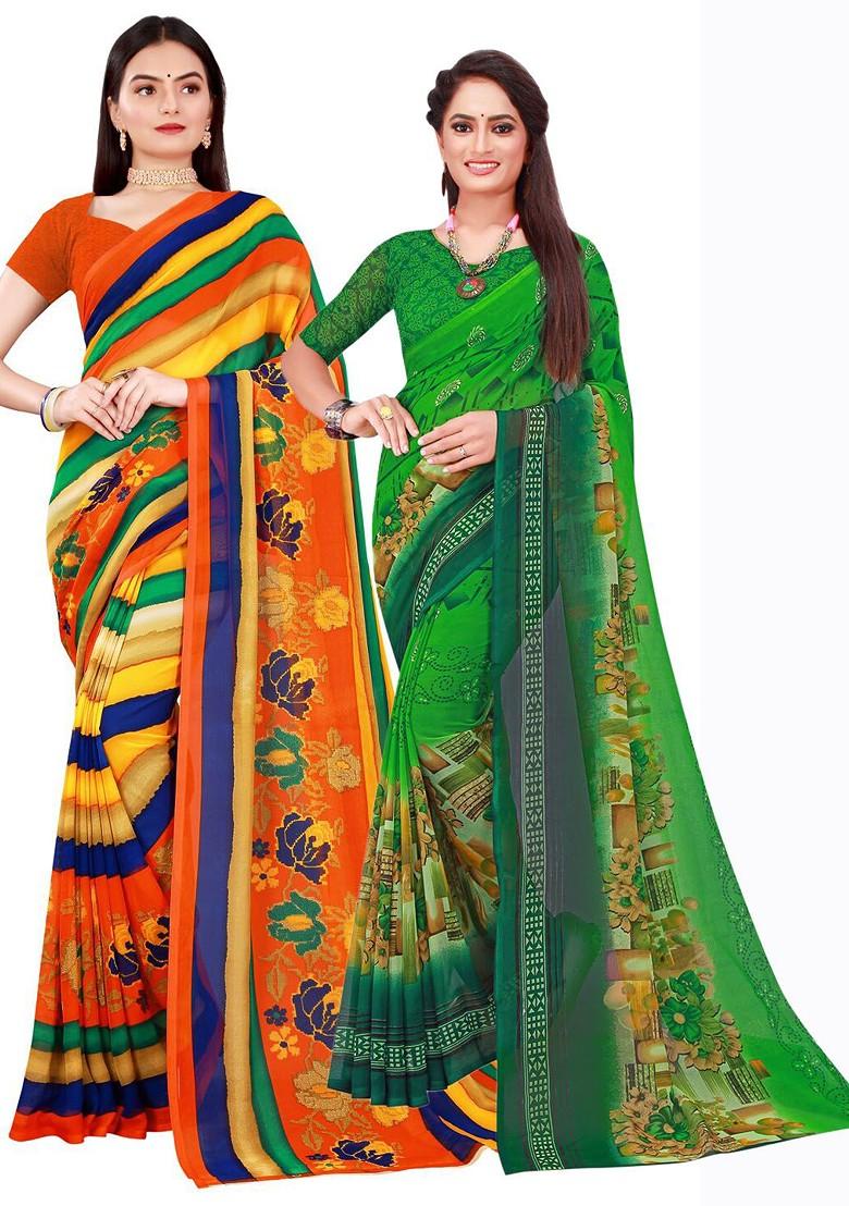 Green Printed Georgette Saree Set (Set Of 2)