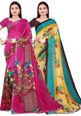 Beige Floral Georgette Saree Set (Set Of 2)