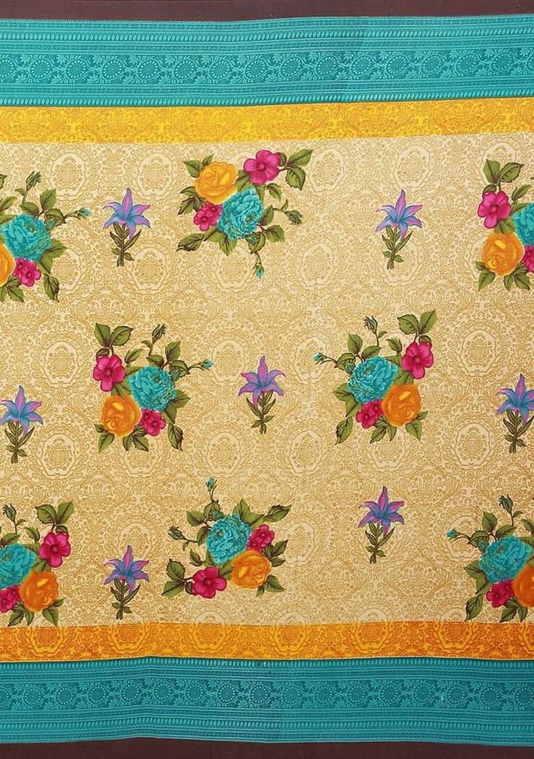 Beige Floral Georgette Saree Set (Set Of 2)