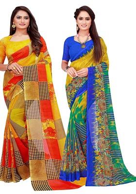 Yellow Embroidered Georgette Saree Set (Set Of 2)