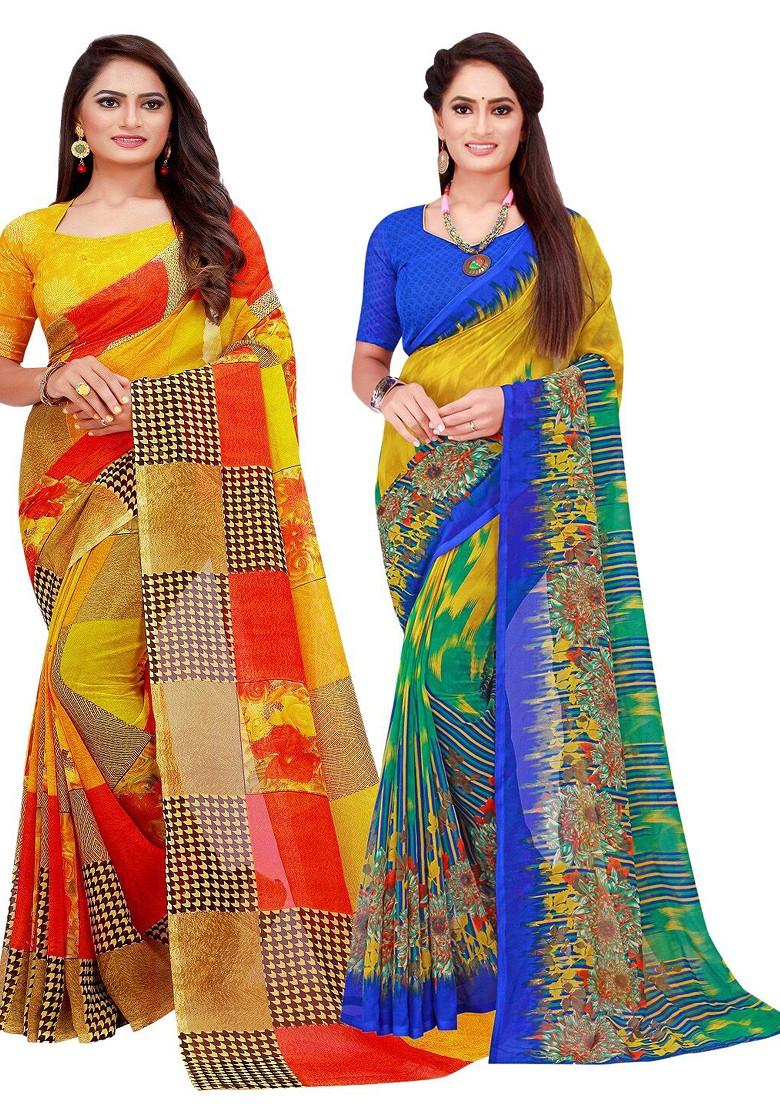 Yellow Embroidered Georgette Saree Set (Set Of 2)