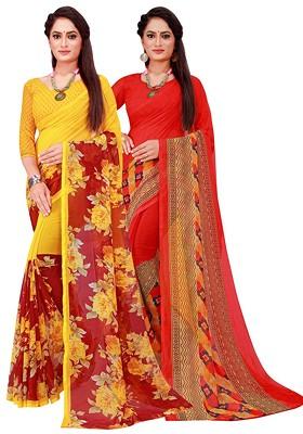 Red Embroidered Poly Blend Saree Set