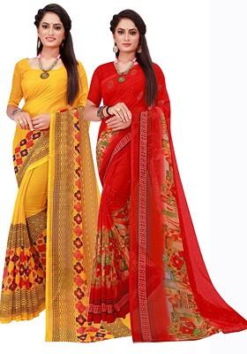 Yellow Embroidered Georgette Saree Set (Set Of 2)
