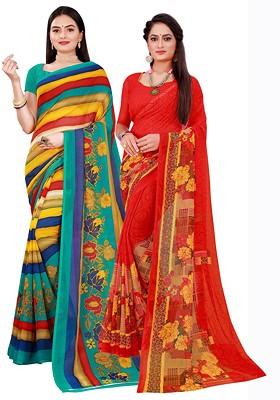 Red Printed Georgette Saree Set (Set Of 2)