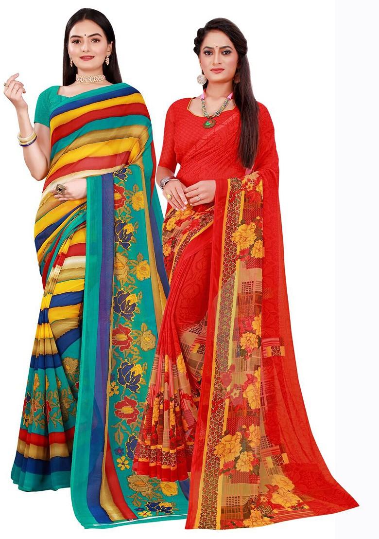 Red Printed Georgette Saree Set (Set Of 2)