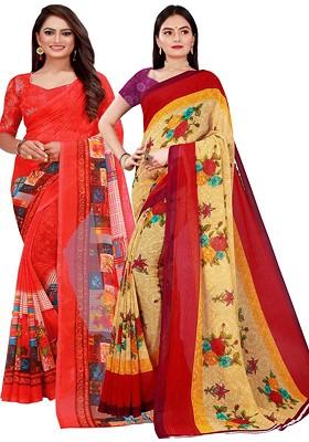 Beige Embroidered Georgette Saree Set (Set Of 2)