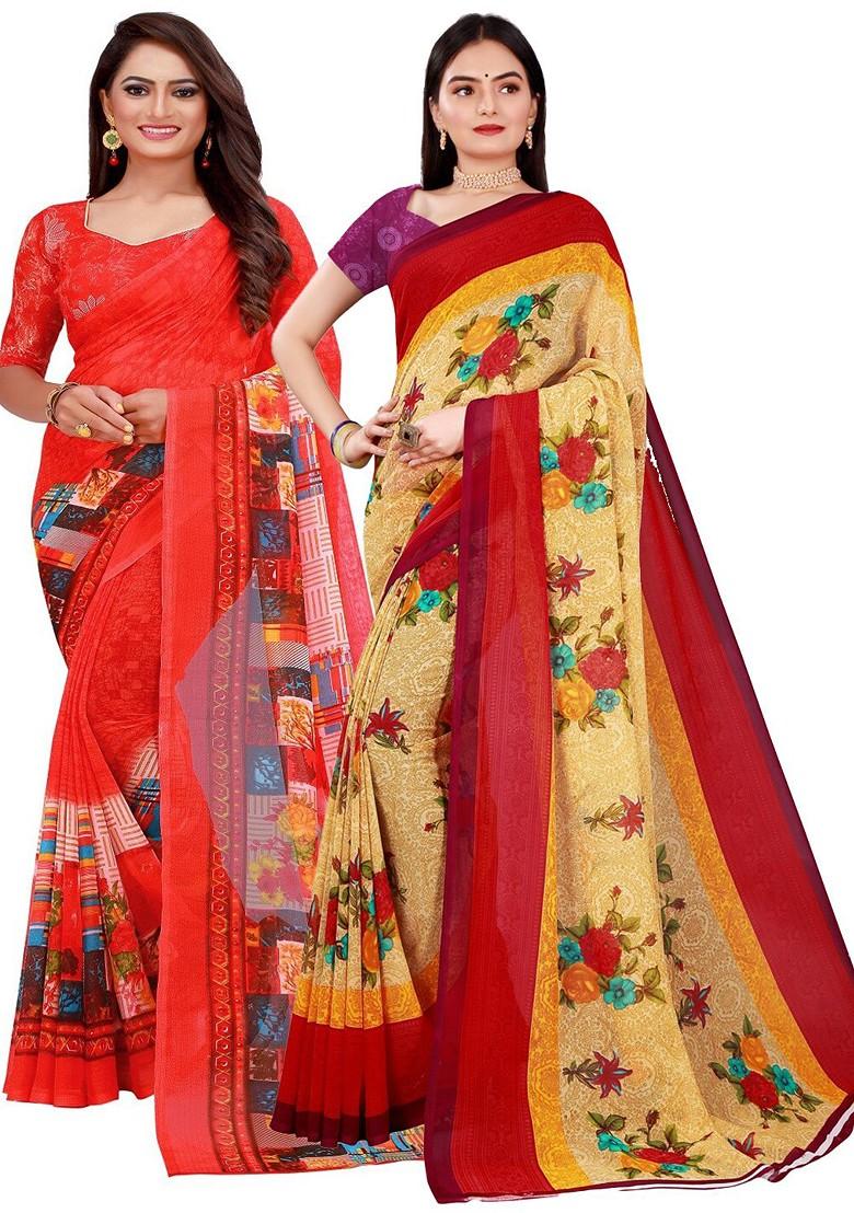 Beige Embroidered Georgette Saree Set (Set Of 2)