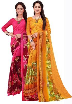 Magenta Floral Georgette Saree Set (Set Of 2)