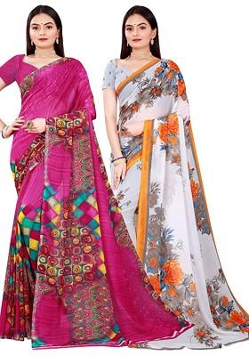 Magenta Floral Georgette Saree Set (Set Of 2)