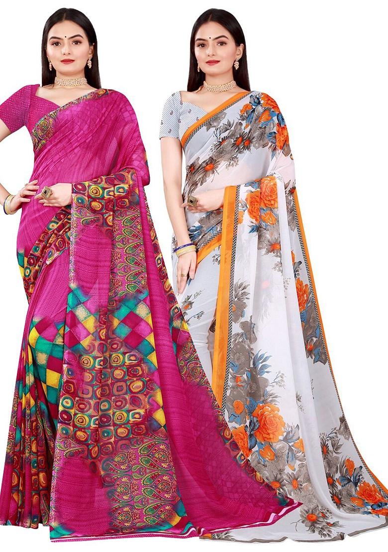 Magenta Floral Georgette Saree Set (Set Of 2)