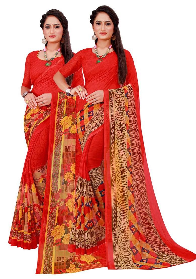 Orange Floral Georgette Saree Set (Set Of 2)