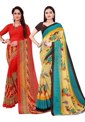Red Printed Georgette Saree Set