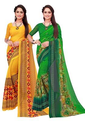 Green Printed Georgette Saree Set (Set Of 2)