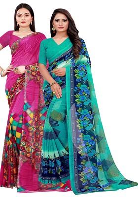Teal Green Embroidered Georgette Saree Set (Set Of 2)