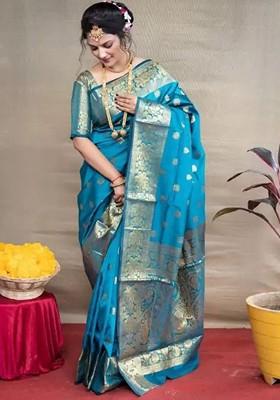 Blue woven Kanjeevaram Saree Set