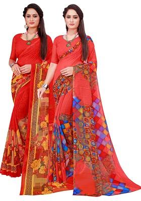 Red Printed Georgette Saree Set (Set Of 2)