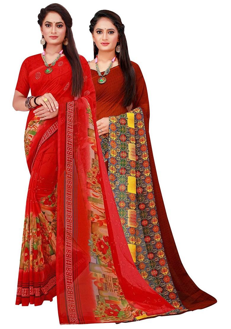 Brown Embroidered Poly Blend Saree Set