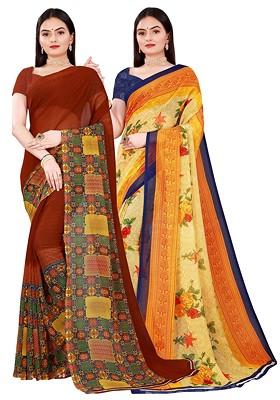 Yellow Embroidered Georgette Saree Set (Set Of 2)