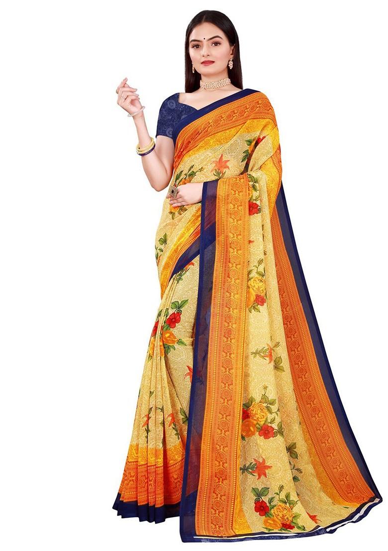 Yellow Embroidered Georgette Saree Set (Set Of 2)
