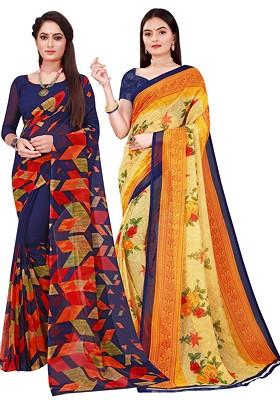 Navy Blue Floral Georgette Saree Set (Set Of 2)