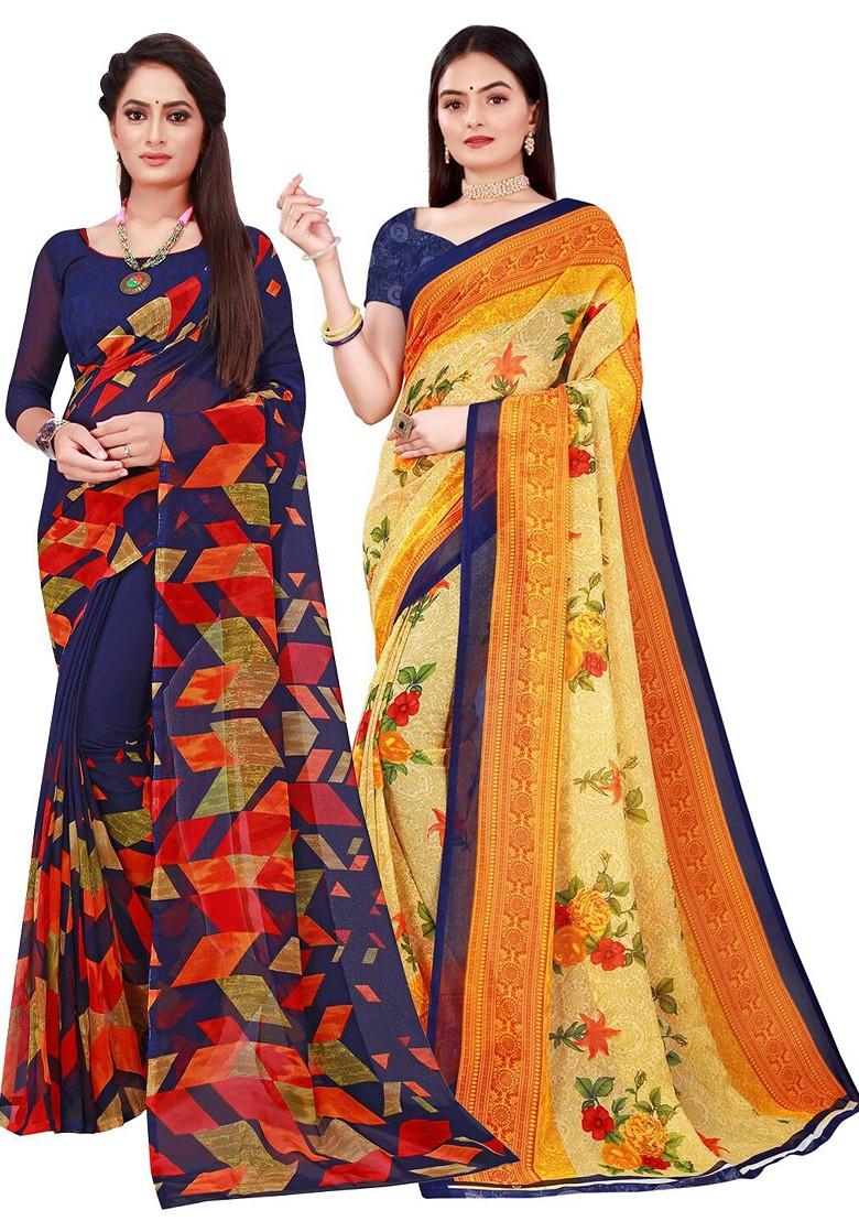 Navy Blue Floral Georgette Saree Set (Set Of 2)