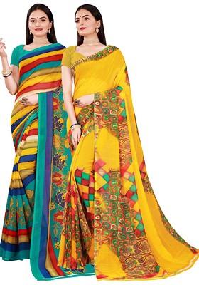 Yellow Embroidered Georgette Saree Set